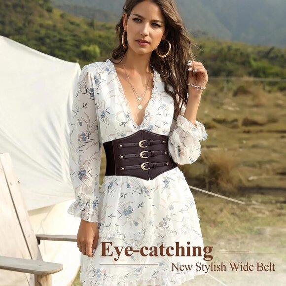 Women Corset Wide Stretch Waspie Elastic Waist Belt with Brown Buckle Gold - Picture 5 of 6